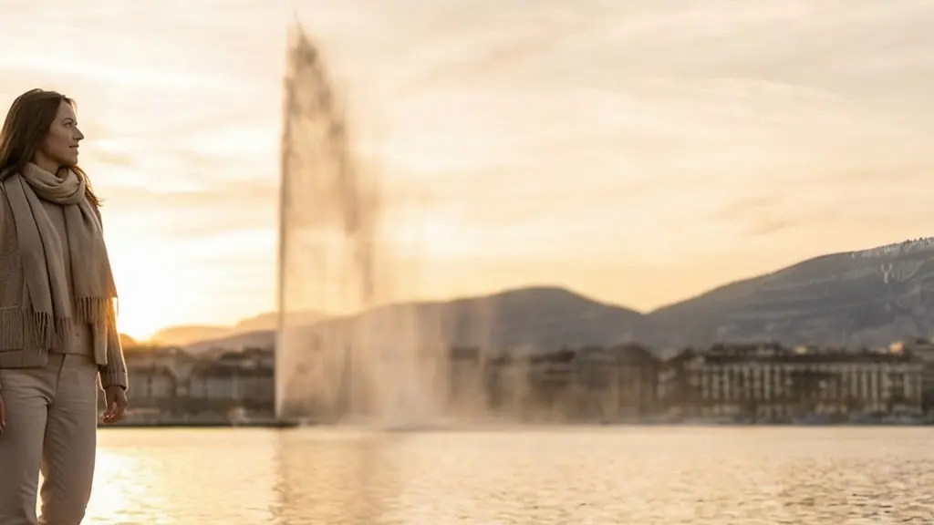 Femme voyageuse contemplant le lac Léman depuis les quais de Genève avec le jet d'eau en arrière-plan