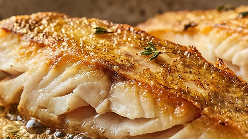 Gros plan macro sur des filets de perche dorés dans une poêle en cuivre avec du beurre clarifié moussant, révélant la texture floconneuse de la chair et la croûte croustillante.