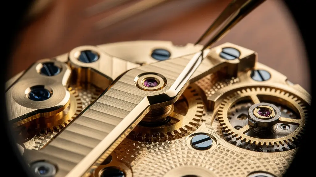 Gros plan macro sur les anglages polis-miroir d'un mouvement horloger mécanique genevois vu à travers une loupe d'horloger