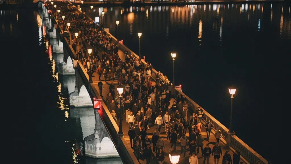 Vue en plongée d'un large pont piétonnier éclairé de nuit avec une foule dense se déplaçant dans un couloir lumineux entre les rives d'un lac urbain