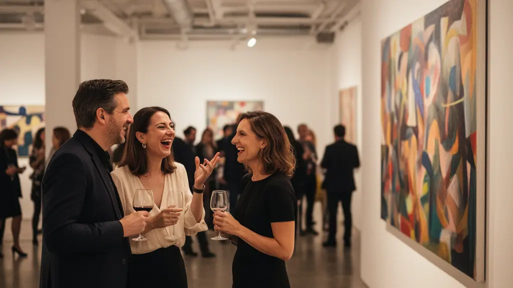 Visiteurs se pressant lors d'un vernissage dans une galerie d'art contemporain du Quartier des Bains à Genève, ambiance festive en soirée