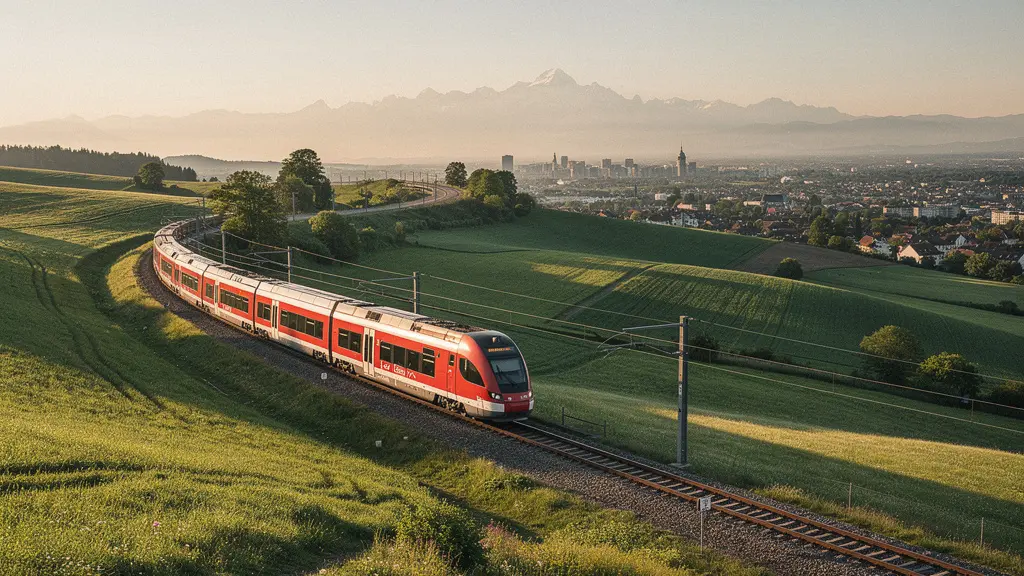 Vue panoramique du Léman Express traversant la campagne haute-savoyarde avec Genève en arrière-plan