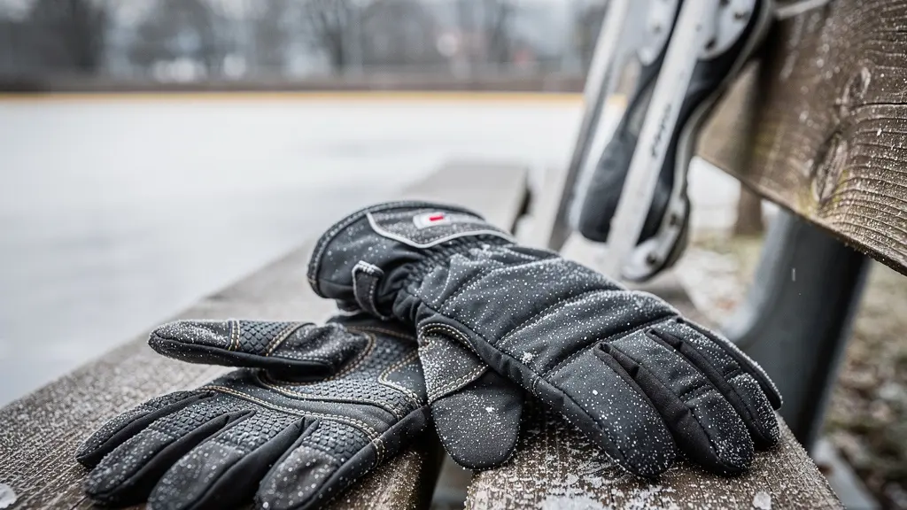 Paire de gants doublés posée sur un banc givré au bord d'une patinoire extérieure, avec des lames de patins en arrière-plan flou