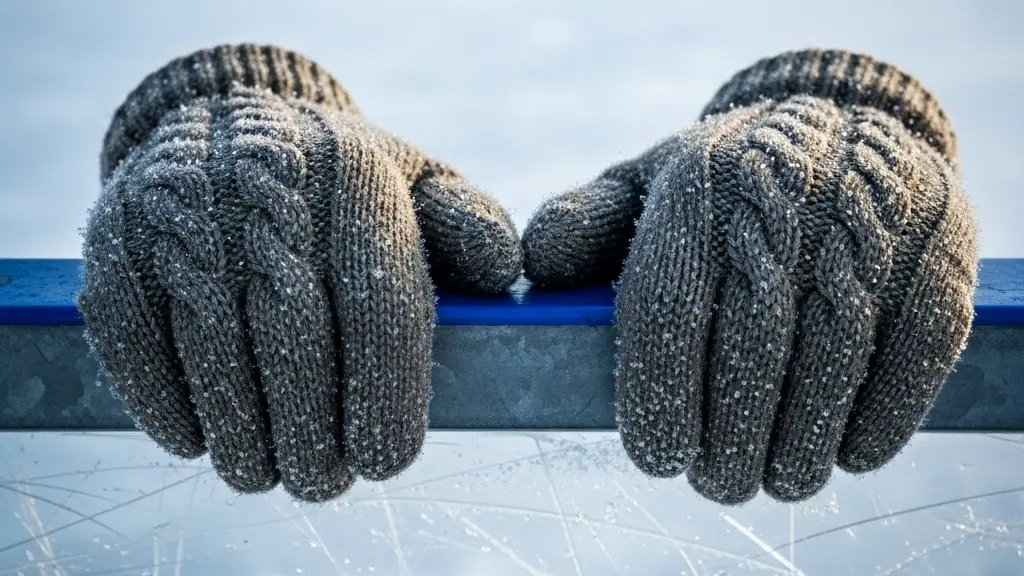 Gros plan sur des mains gantées agrippant le bord d'une patinoire avec des cristaux de glace visibles sur le textile