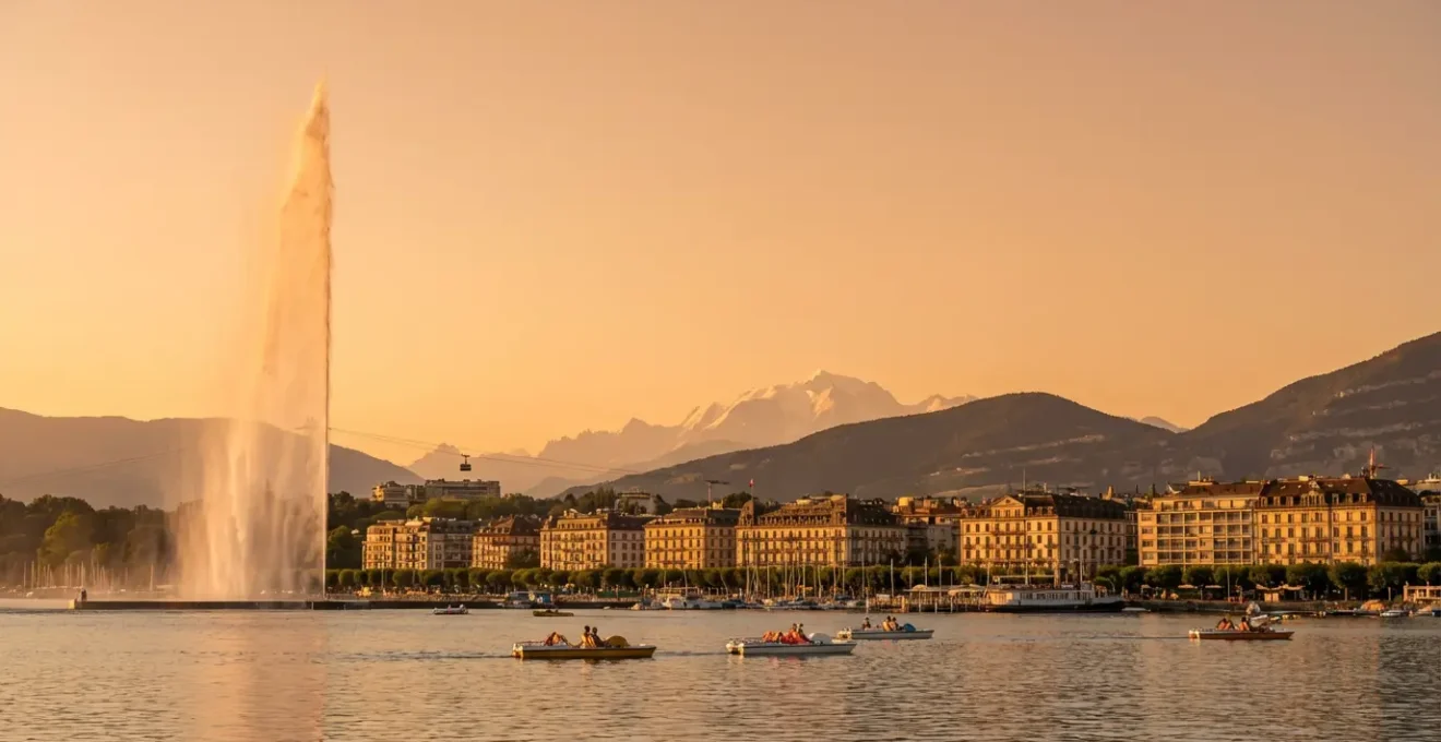 Vue panoramique de Genève avec le jet d'eau et le lac Léman, entourée des Alpes