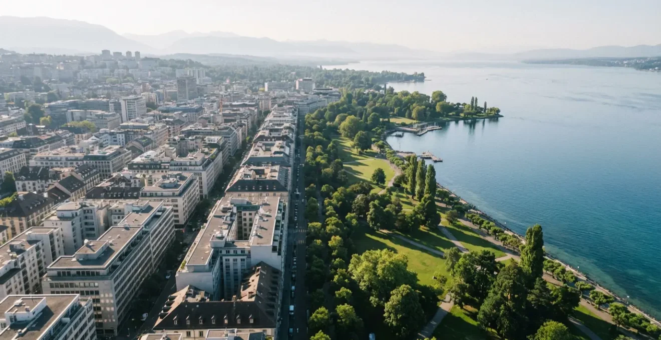 Vue aérienne de Genève montrant la juxtaposition entre les boutiques de luxe du centre-ville et les espaces verts naturels