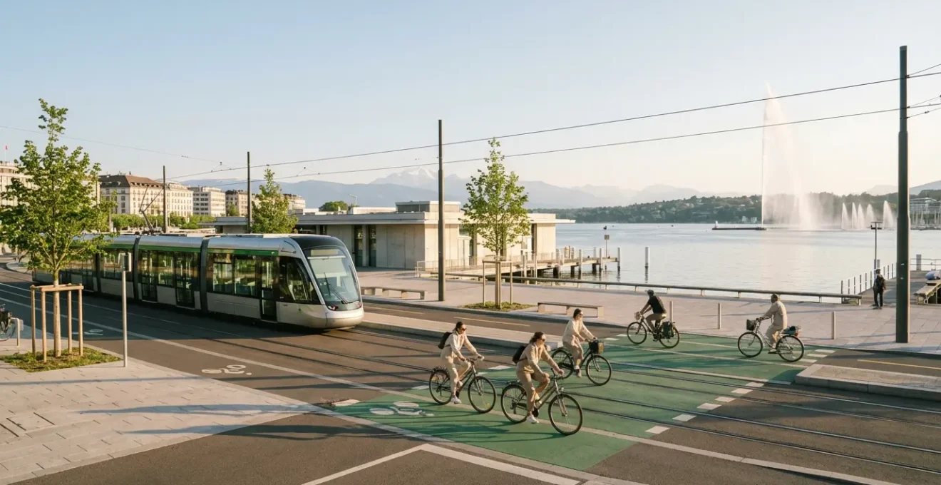 Vue panoramique de Genève montrant un tram moderne traversant la ville avec des cyclistes sur une piste dédiée et le Jet d'Eau en arrière-plan