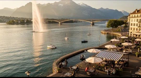 Vue panoramique du lac Léman avec le jet d'eau emblématique et les terrasses animées au premier plan