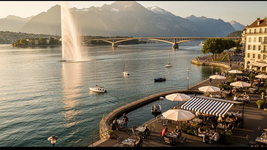 Vue panoramique du lac Léman avec le jet d'eau emblématique et les terrasses animées au premier plan