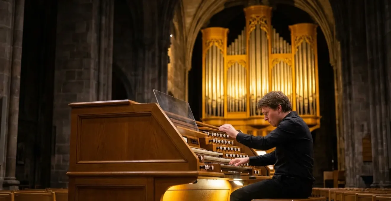Vue intérieure du grand orgue Metzler pendant un concert dans la nef dépouillée