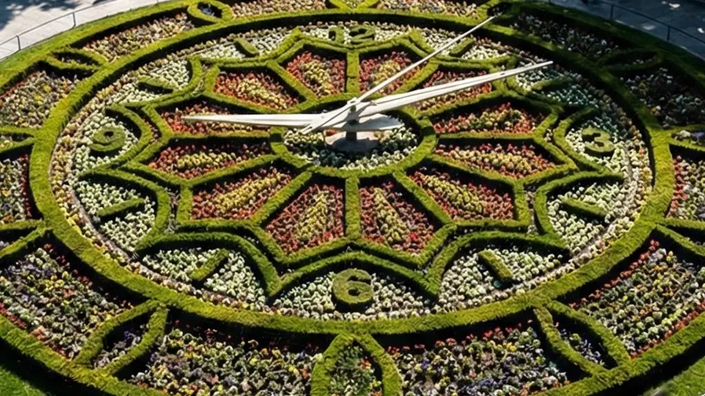 Vue en plongée de l'Horloge Fleurie de Genève avec visiteurs en périphérie