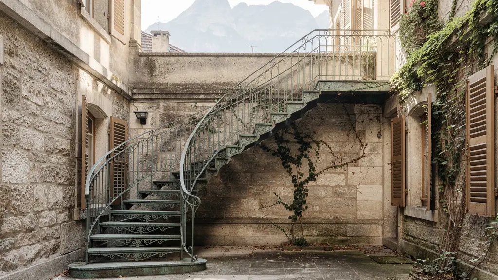 Cour intérieure secrète d'un hôtel de charme à Genève avec escalier en pierre et verdure