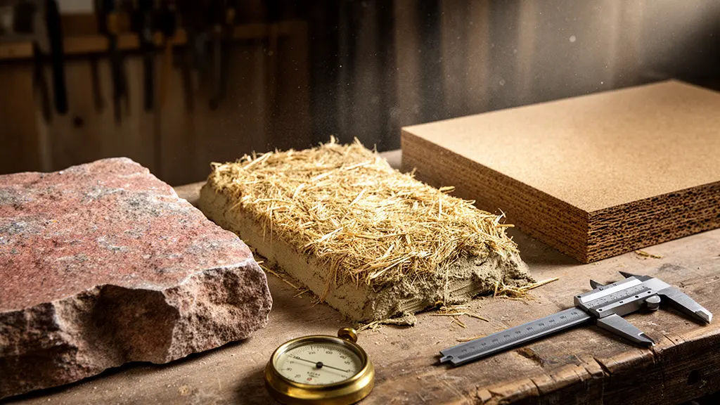 Vue en coupe d'un mur ancien en molasse avec application d'un enduit isolant chaux-chanvre côté intérieur, montrant les couches de matériaux perspirants