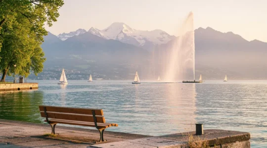Vue panoramique sur le lac Léman et le jet d'eau de Genève avec les Alpes en arrière-plan, mêlant nature lacustre et silhouette urbaine