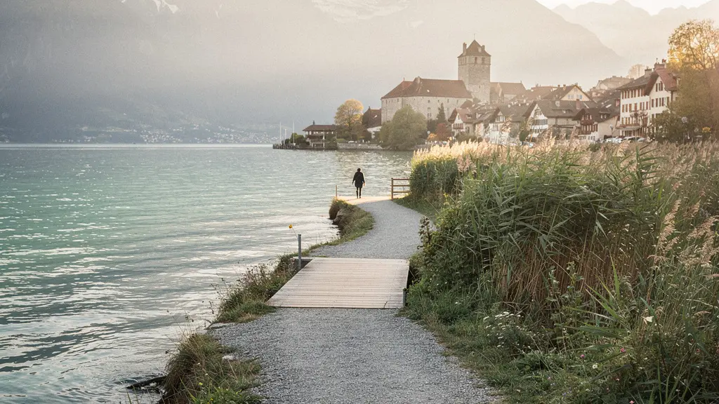 Vue panoramique du sentier de rive longeant le lac Léman entre Genève et Hermance, avec roselières et montagnes en arrière-plan