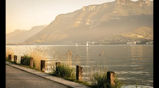 Promenade au bord du lac Léman entre Genève et Hermance, avec un chemin côtier, des roselières et les montagnes en arrière-plan.