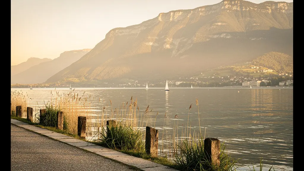 Promenade au bord du lac Léman entre Genève et Hermance, avec un chemin côtier, des roselières et les montagnes en arrière-plan.