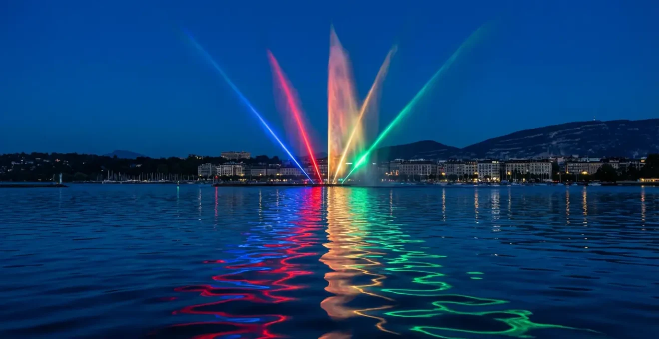 Le Jet d'Eau illuminé en couleurs spéciales lors d'une soirée humanitaire, reflets colorés sur le lac