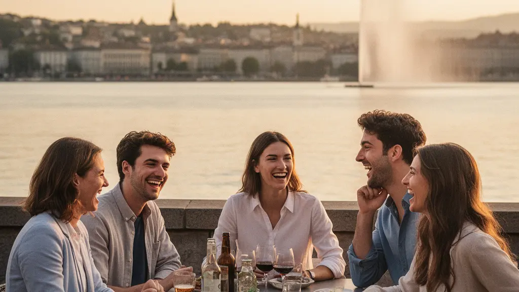 Jeunes actifs sur une terrasse aux Eaux-Vives au coucher du soleil, avec le lac Léman et le Jet d’Eau flous en arrière-plan.