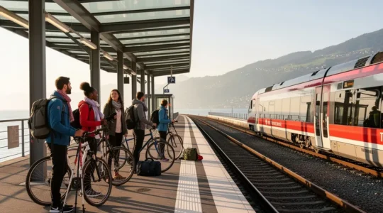 Vue panoramique d'un train Léman Express moderne en gare avec des voyageurs attendant sur le quai un samedi matin