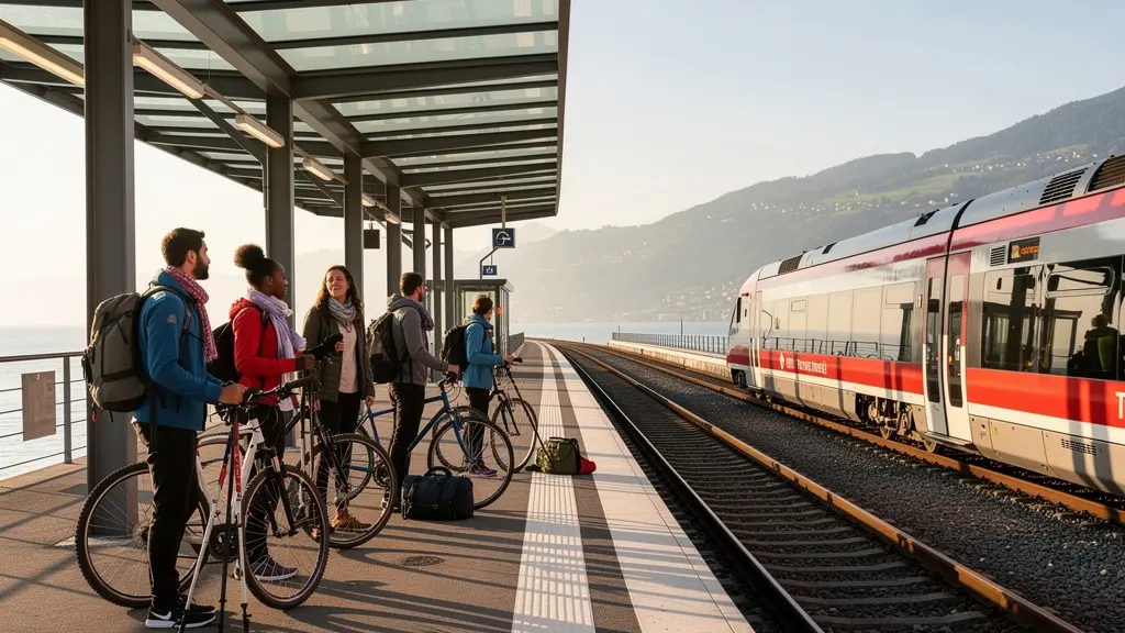 Vue panoramique d'un train Léman Express moderne en gare avec des voyageurs attendant sur le quai un samedi matin