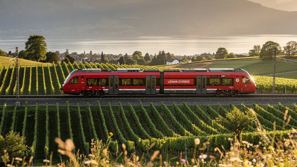 Vue panoramique d'un train Léman Express traversant la campagne genevoise au coucher du soleil