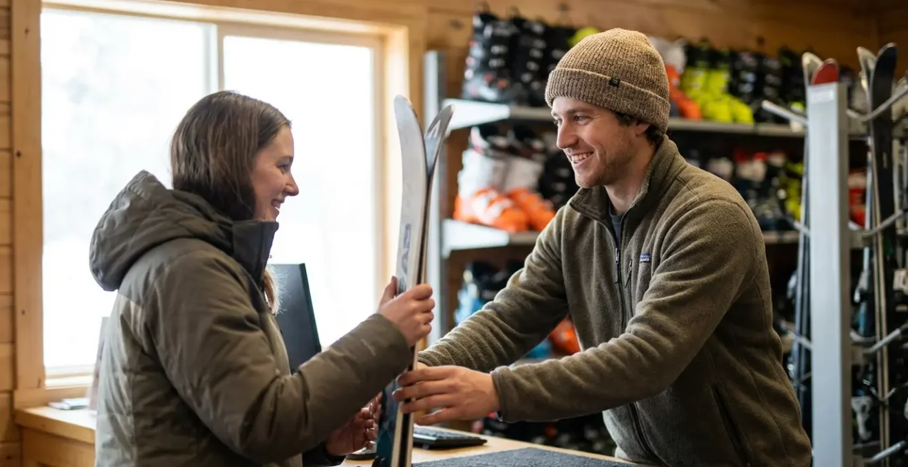 Intérieur moderne d'un magasin de location de ski avec rangées d'équipements colorés