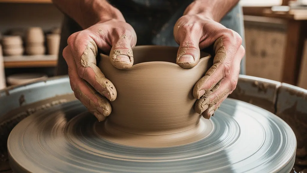 Gros plan sur les mains d'un céramiste façonnant de la terre sur un tour de potier dans un atelier de Carouge