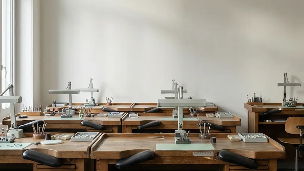 Intérieur épuré d'un atelier horloger traditionnel genevois avec établis et lumière naturelle