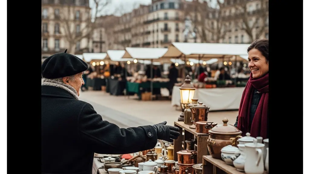 Vue d'ensemble du marché aux puces de Plainpalais un matin d'hiver, avec des stands de brocante alignés autour de la plaine et des chineurs emmitouflés parcourant les allées sous un ciel gris typiquement genevois.