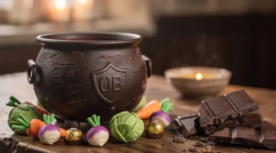 Marmite en chocolat de l'Escalade posée sur une table en bois, entourée de légumes en massepain colorés, dans une ambiance chaleureuse de fête genevoise en décembre