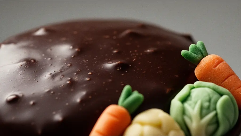 Détail en très gros plan d’une marmite en chocolat et de petits légumes en massepain, textures nettes et lumière studio douce.