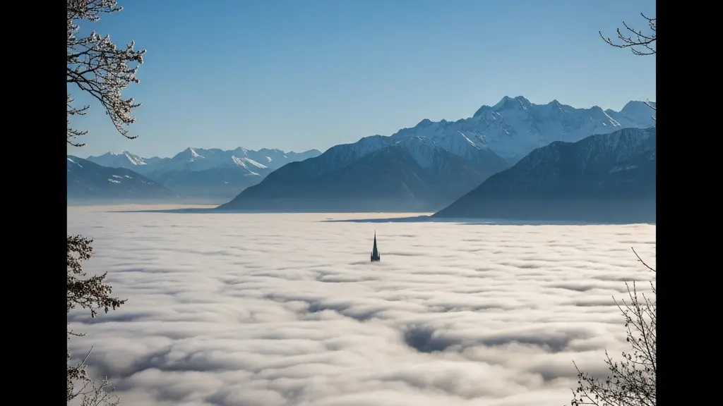 Mer de stratus recouvrant Genève en novembre, avec les sommets alpins émergeant au-dessus de la couche nuageuse