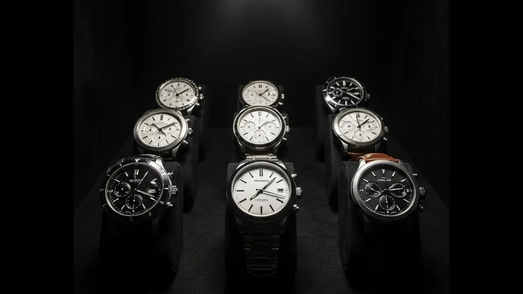Collection de montres de luxe exposées dans une vitrine élégante avec éclairage tamisé