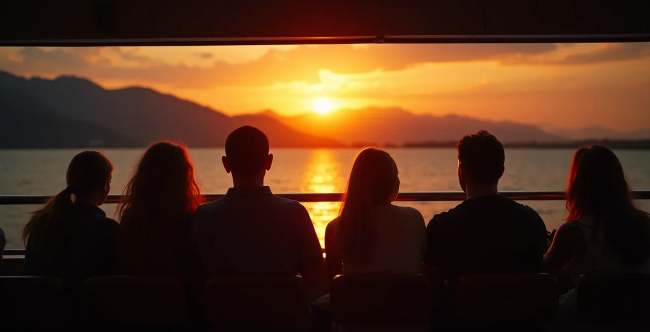 Mouette genevoise naviguant au coucher de soleil avec les montagnes du Jura en silhouette
