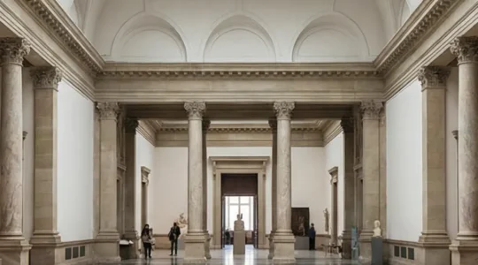 Vue intérieure majestueuse et lumineuse d'une salle de musée aux hauts plafonds à Genève, style Beaux-Arts, sans texte ni visiteurs reconnaissables.