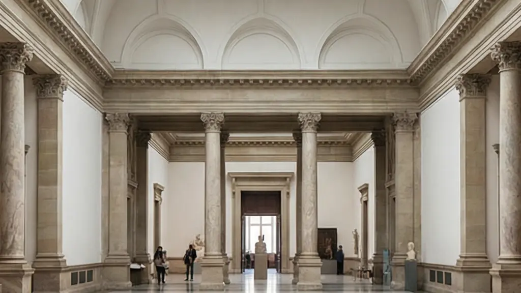 Vue intérieure majestueuse et lumineuse d'une salle de musée aux hauts plafonds à Genève, style Beaux-Arts, sans texte ni visiteurs reconnaissables.