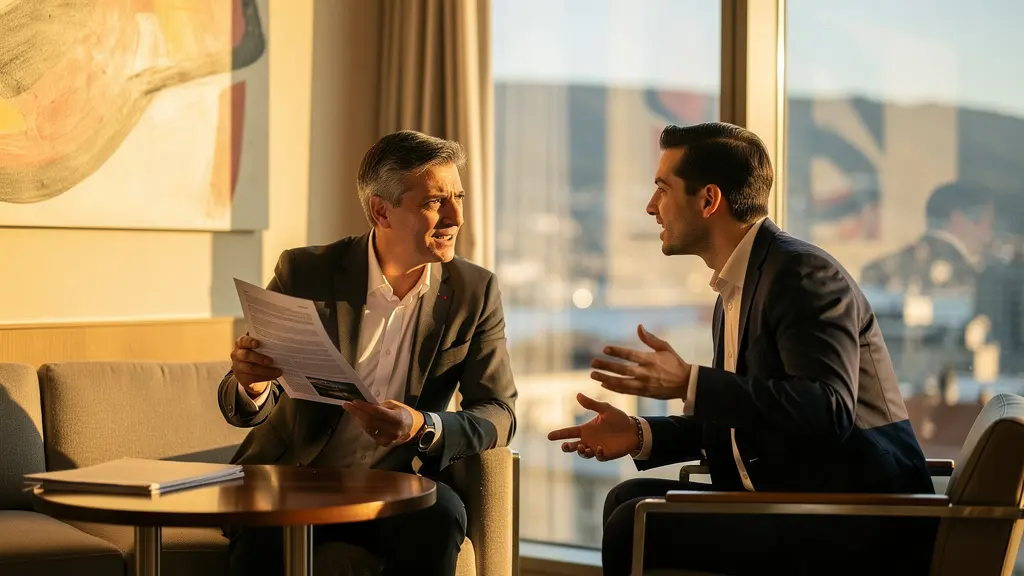 Professionnels en discussion dans un salon d'affaires moderne avec vue sur Genève