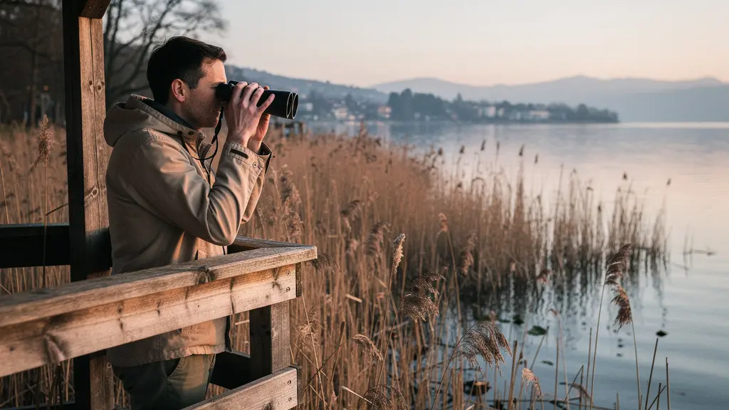 Une personne observe calmement des oiseaux depuis une tour en bois au-dessus des roselières de la Pointe-à-la-Bise, au bord du lac Léman.