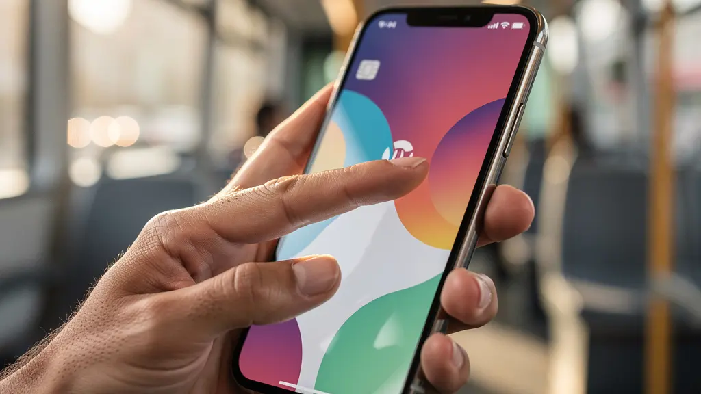 Gros plan sur une main tenant un smartphone avec interface de paiement mobile dans un tram genevois