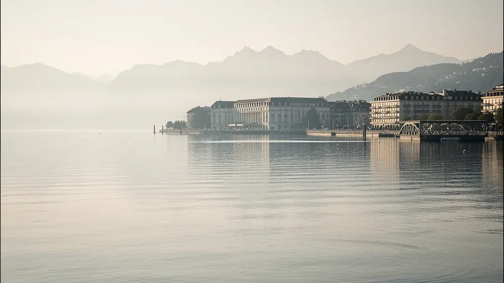 Vue large et épurée des quais de la rive droite à Genève, avec le lac Léman et une ambiance de luxe discret.