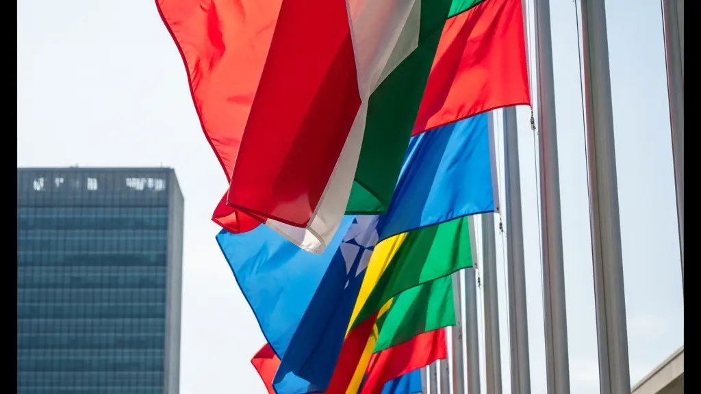 Vue extérieure majestueuse du Palais des Nations avec drapeaux internationaux