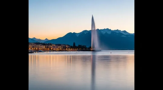 Vue panoramique depuis les quais de Genève au crépuscule, montrant le lac Léman et la silhouette du Mont-Blanc à l'horizon.