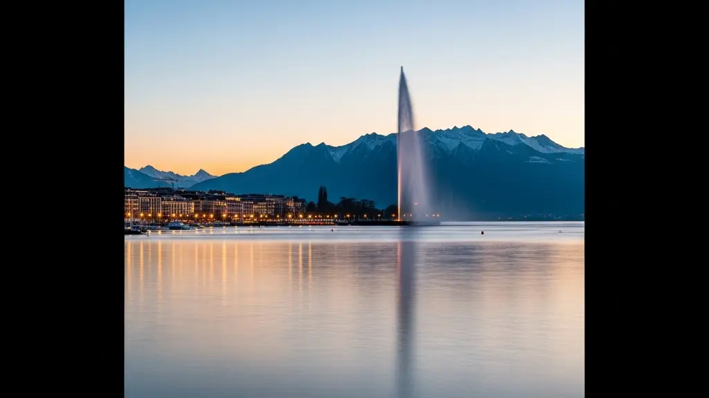 Vue panoramique depuis les quais de Genève au crépuscule, montrant le lac Léman et la silhouette du Mont-Blanc à l'horizon.