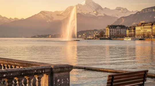 Vue panoramique du Mont-Blanc depuis les quais de Genève au coucher du soleil, avec le Jet d'eau et le lac Léman au premier plan