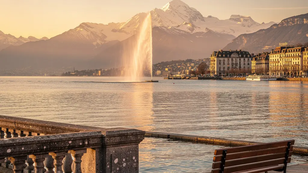 Vue panoramique du Mont-Blanc depuis les quais de Genève au coucher du soleil, avec le Jet d'eau et le lac Léman au premier plan