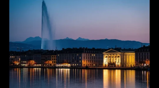 Vue panoramique nocturne de Genève avec les lumières de la ville reflétées sur le lac Léman, évoquant la richesse culturelle de la cité