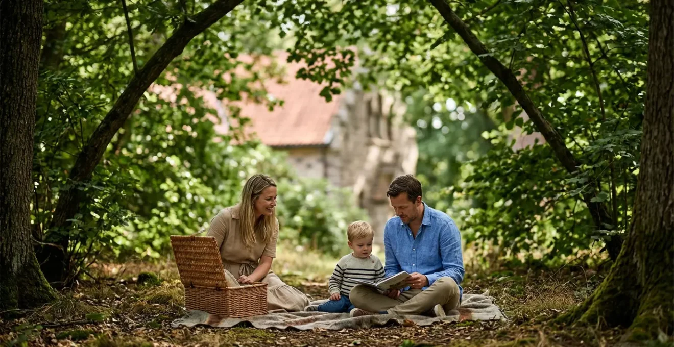 Clairière paisible et ombragée dans le Parc de l'Ariana avec une famille installée sur une couverture, le Musée Ariana visible au loin entre les arbres