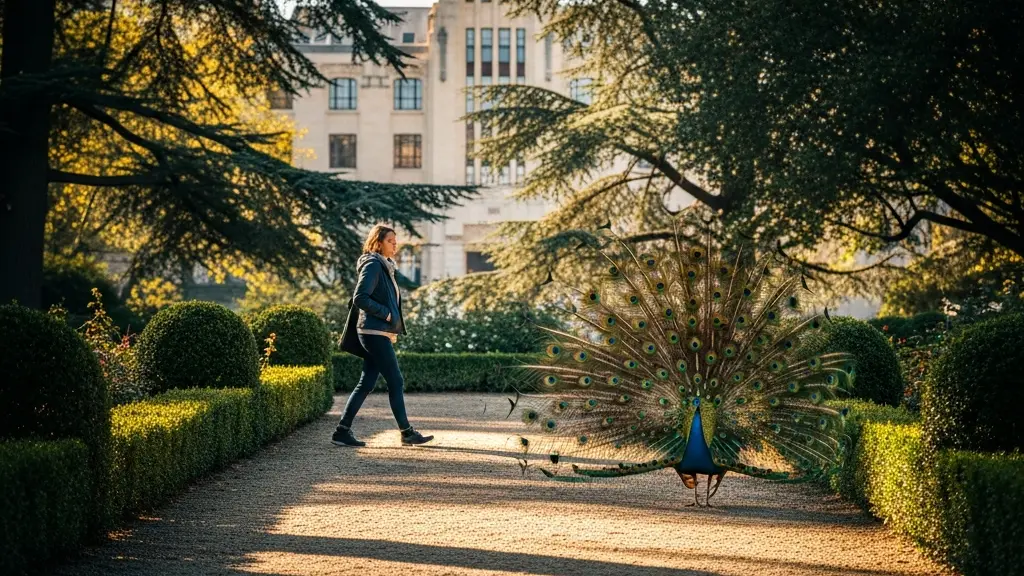 Paon faisant la roue dans le parc de l'Ariana devant l'architecture historique du Palais des Nations à Genève