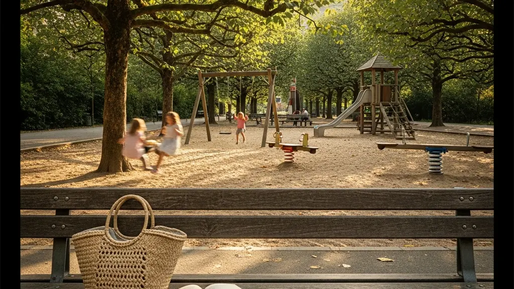 Parc des Bastions à Genève avec aire de jeux et enfants jouant en arrière-plan flou